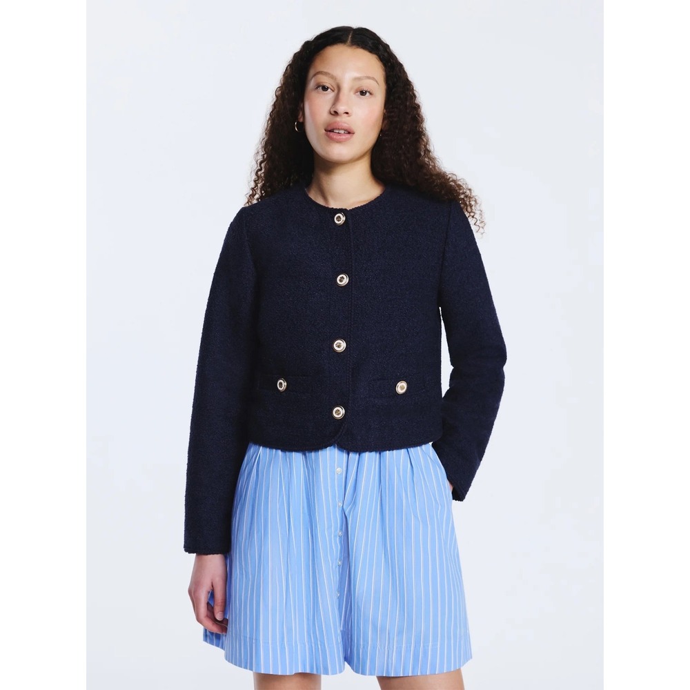 New! Women's L Navy Collarless Nubby Tweed Gold Button Jacket with Long Sleeves